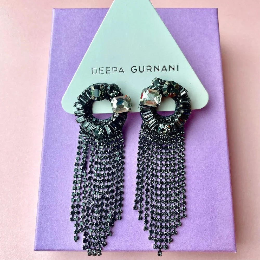 NWT Deepa Gurnani Crystal Rhinestone Chandelier Earrings-Silver Gunmetal Grey - Picture 9 of 10